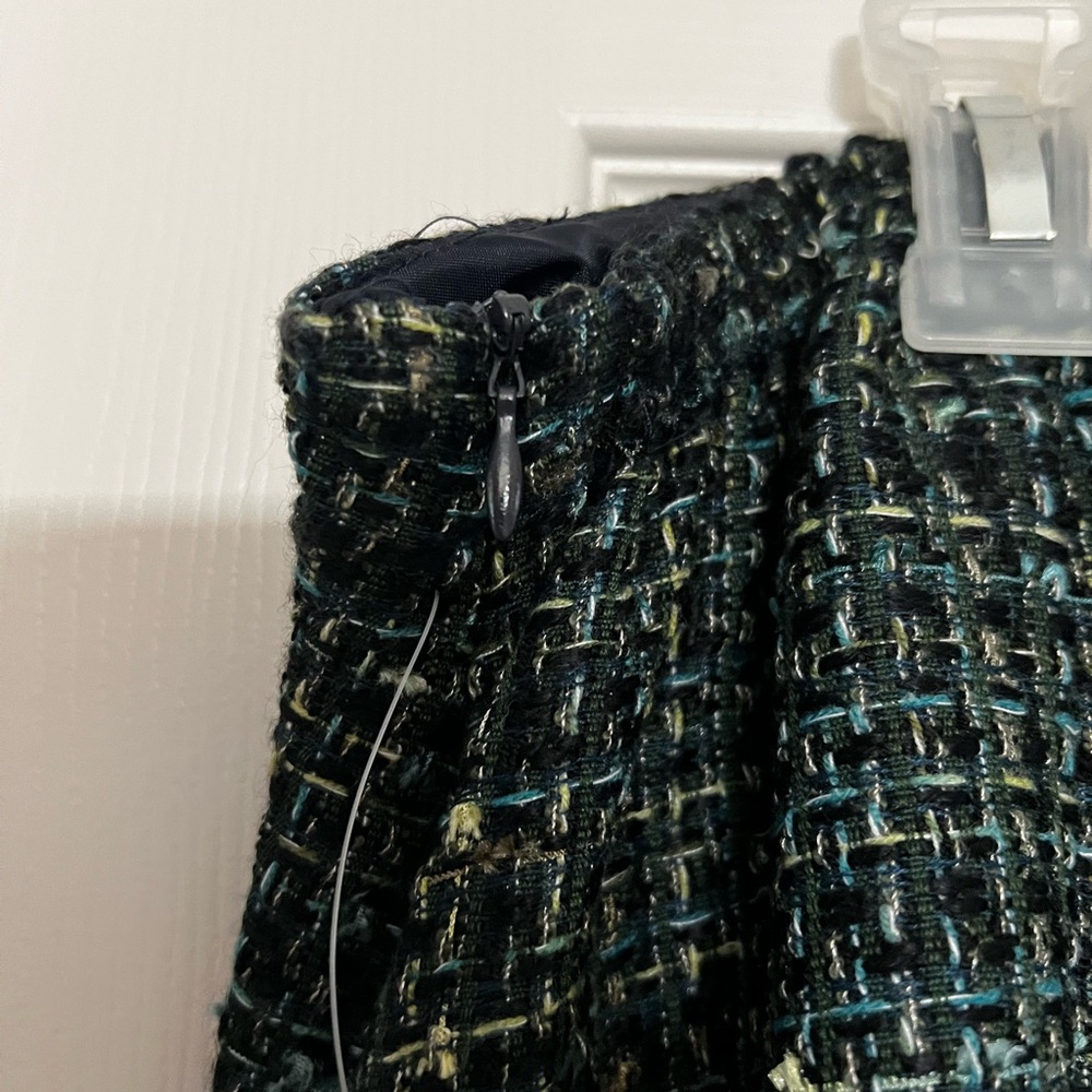 Navy, Green & Yellow Metallic Classic Tweed Asymmetrical Frayed Edge Skirt. - Picture 6 of 14